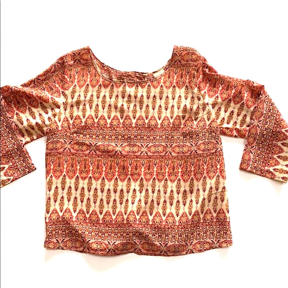 Japna top open wrap back silky peach & cream IKAT pattern Boho festival size L